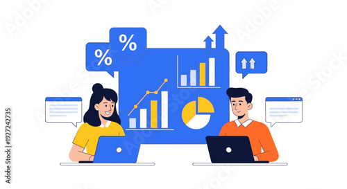 Two professionals analyzing data on laptops with charts and graphs displayed on a large screen in a modern office environment from a front viewpoint
