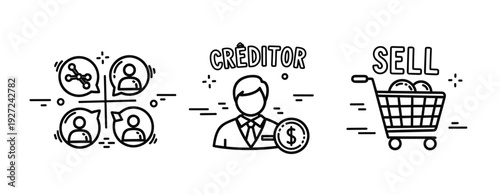 Business icons: network connections, creditor, shopping cart transaction