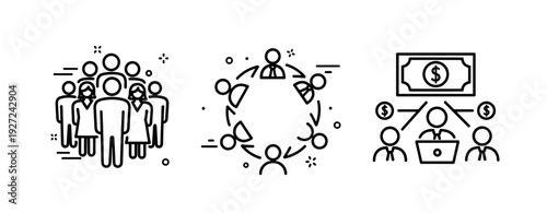 Community icons: group collaboration, networking, crowdfunding concepts