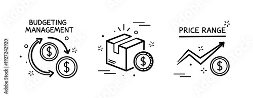 Financial management icons: budgeting, shipping, and pricing insights