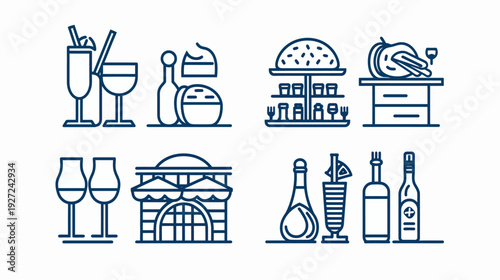 Linear icons depicting food, drinks and restaurant-related items on a white background