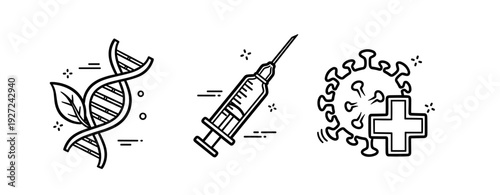 Dna strand, syringe, and virus with medical cross icon illustration