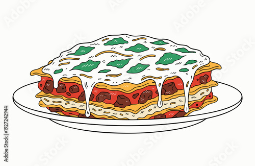 Delicious lasagna square portion served on white plate layered pasta ricotta cheese beef meat sauce topped with melted mozzarella close up