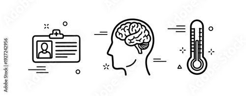 Healthcare concept: medical id, human brain, thermometer illustrations in black and white
