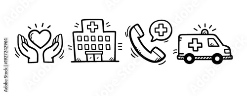 Healthcare icons: hands with heart, hospital, emergency phone, ambulance