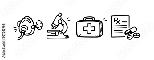 Medical icons: oxygen mask, microscope, first aid kit, prescription pad