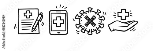 Health and medicine icons: documents, mobile health, virus, and care
