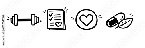 Health and wellness icons: dumbbell, checklist, heart, capsule with leaf