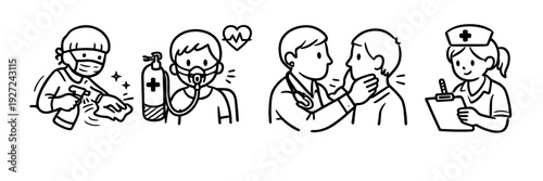 Medical professionals caring for patients in various scenarios