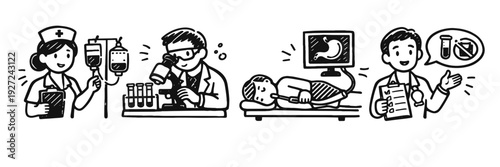 Healthcare professional activities: nurse, scientist, patient examination