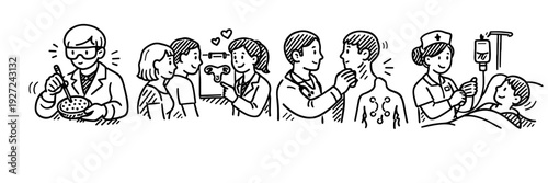Cartoon scenes of medical treatments and interpersonal relationships