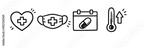 Health icons: heart, mask, calendar, thermometer illustrations