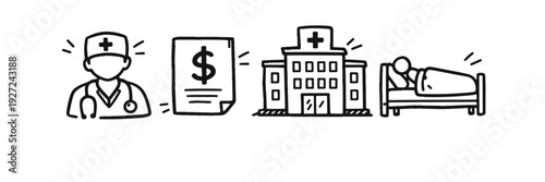 Hospital healthcare icons including doctor, medical bill, hospital building, and patient in bed