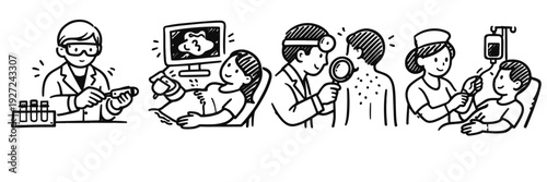Medical professions: scientist, ultrasound technician, dermatologist, nurse with patients