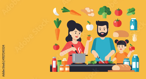 A cheerful vector illustration depicts a family (parents and daughter) happily cooking a healthy meal together amidst an array of fresh produce and kitchen essentials.