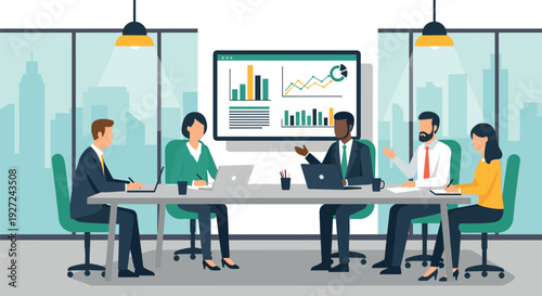 Business team meeting in a modern office setting with presentation