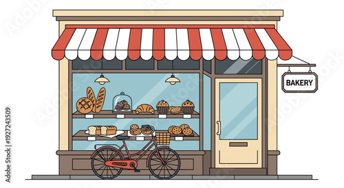 Colorful illustration of bakery storefront with bicycle outside