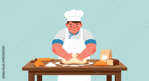 Chef preparing dough on a wooden table with ingredients