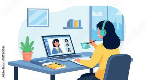 Woman in yellow shirt working on laptop with video call