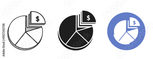 Three stylized pie charts with dollar symbols highlighting financial data visualization