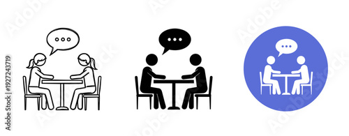 Silhouette icons of two people having a conversation at a table
