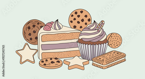 Assorted sweet treats with cake and cookies on light background