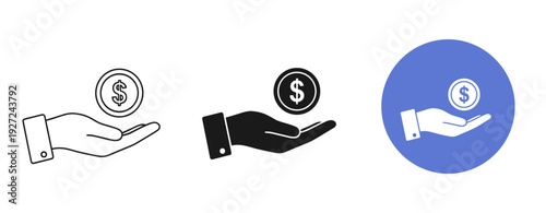 Hand icon set with dollar coin symbol in monochrome and blue variations