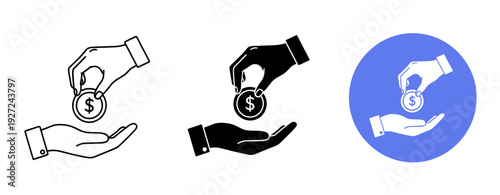 Monochrome hands holding coins in donation icon set on white background