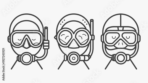 Monochrome illustration of three diverse diving masks in a row, with closed eyes