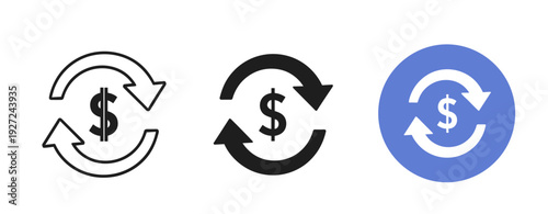 Dollar sign with arrows in three styles: outline, solid, and circular blue icon