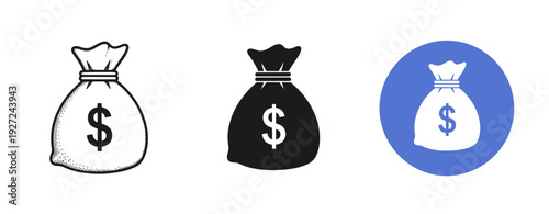 Set of three money bag icons in black and blue variations