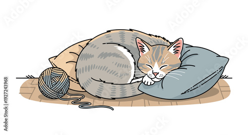 Sleeping cat curled up on a soft cushion with yarn