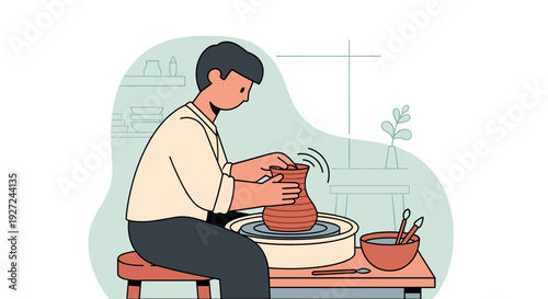 Man sitting at pottery wheel shaping clay vessel carefully