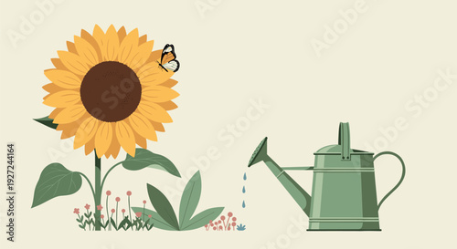 A green watering can and a large sunflower with a bee