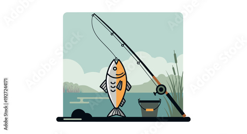 A cartoon fish caught on a fishing rod by the water