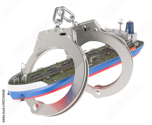 Obraz na plátně Russian oil tanker in handcuffs, shadow fleet sanctions concept