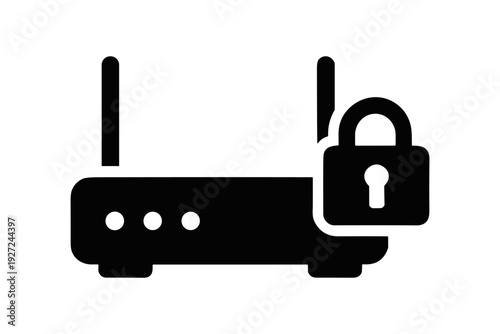 Secure Wi-Fi router with lock. Protection, encryption, cyber security. Black solid icon vector illustration.