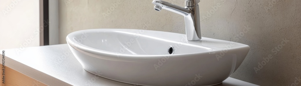 Fototapeta premium Sleek white oval basin with chrome faucet on light wood vanity, textured beige wall, natural light. Bathroom, modern, clean, design, luxury