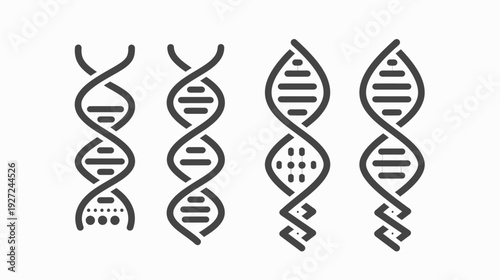 Four stylized grayscale illustrations of DNA strands, varying in detail, on a white background