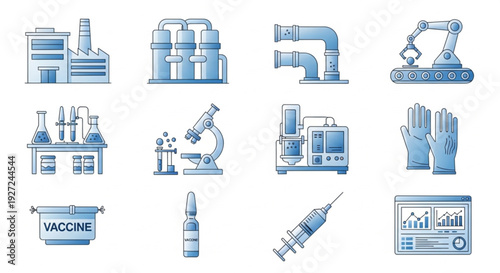 Medical and industrial icons representing science, technology, and manufacturing processes in a monochromatic blue illustration