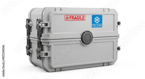 A gray plastic case with a latch and Fragile label on a white surface viewed from the front