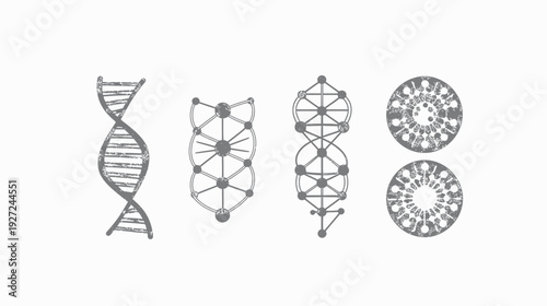 Stylized depictions of DNA, network structures and spiral designs, all in monochromatic shades