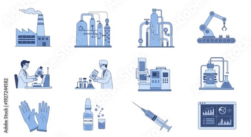 Industrial processes and medical professionals in a laboratory setting, featuring equipment and supplies, illustrated in a detailed graphic representation