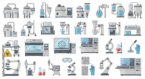 Collection of laboratory equipment and machinery illustrations from various viewpoints