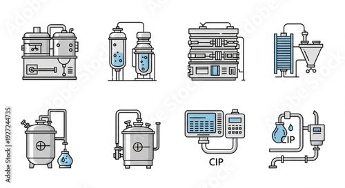Industrial machinery and equipment illustrations showcasing various mechanical devices and tools in a detailed line art style