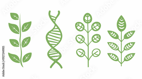 Stylized illustrations of leaves and a DNA double helix in a single, muted green color on a white background