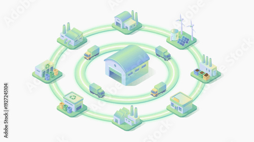Circular economy concept illustration showing a house at the center surrounded by factories and vehicles in a circular motion