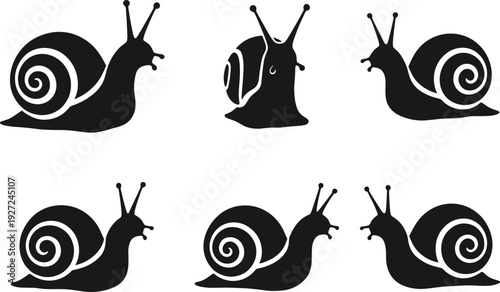 Snail silhouette set showing multiple views, cute garden mollusk shapes in minimalist black vector illustration isolated on white background for nature and animal design use