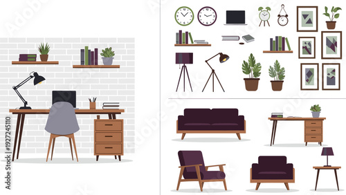 Modern home office and living room interior set, flat vector furniture illustration with desk sofa plants wall decor collection