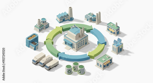 Circular process illustration of industrial facilities and buildings arranged around a central structure in a 3D isometric view